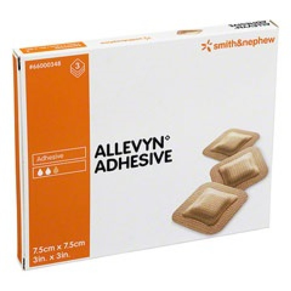 MEDICAZIONE IDROCELLULARE ADESIVA STERILE ALLEVYN ADHESIVE ALTAMENTE ASSORBENTE IN SCHIUMA DI POLIURETANO A STRUTTURA TRISTRATIFICATA 7,5X7,5CM 3 PEZZI