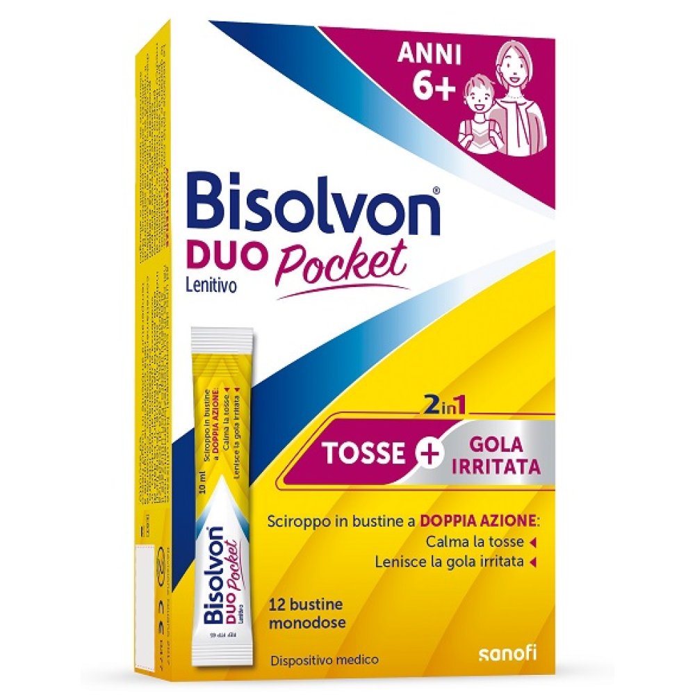 BISOLVON DUO POCKET LENITIVO NEW 12 BUSTINE - calma la tosse, lenisce la gola irritata.