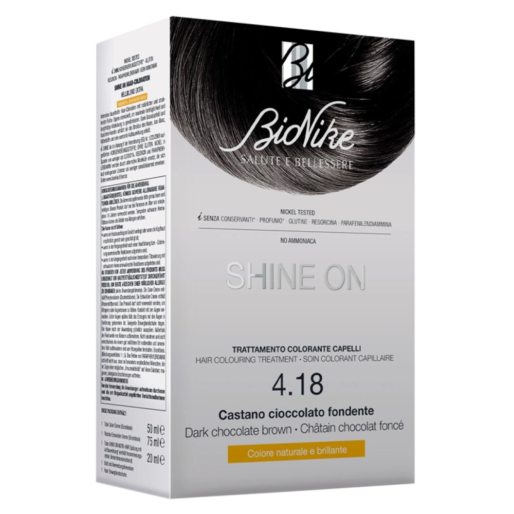 BIONIKE SHINE ON CASTANO CIOCCOLATO FONDENTE 4,18 FLACONE 75 ML + TUBO 50 ML BIONIKE SHINE ON CASTANO CIOCCOLATO FONDENTE 4,18 FLACONE 75 ML + TUBO 50 ML