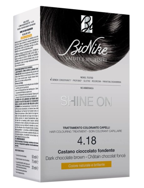 BIONIKE SHINE ON CASTANO CIOCCOLATO FONDENTE 4,18 FLACONE 75 ML + TUBO 50 ML BIONIKE SHINE ON CASTANO CIOCCOLATO FONDENTE 4,18 FLACONE 75 ML + TUBO 50 ML